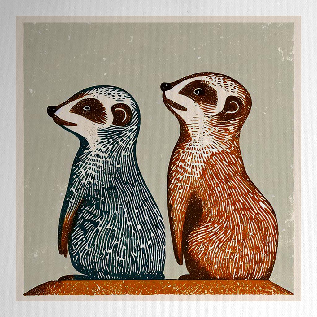 Product mockup for Woodblock Print with 2 Meerkats in Scandi Colours
