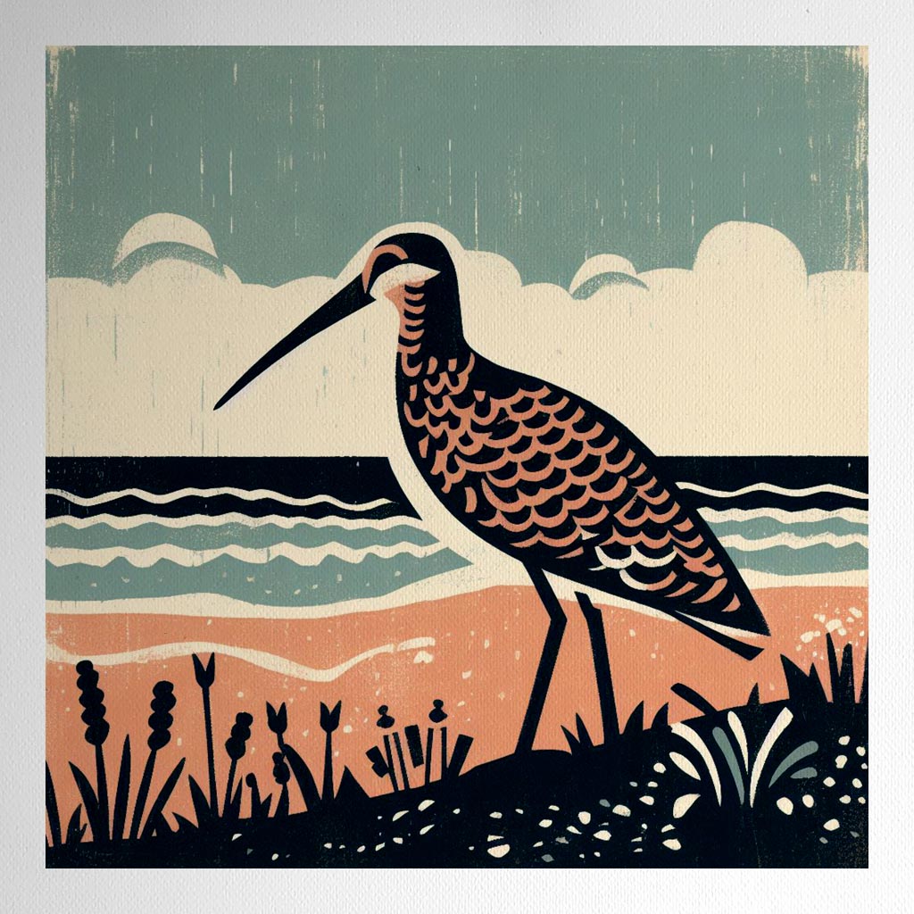 Product mockup for Woodblock Style Curlew Beach Print