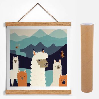 Product mockup for Woodblock Style Print of 5 Alpacas in the Mountains