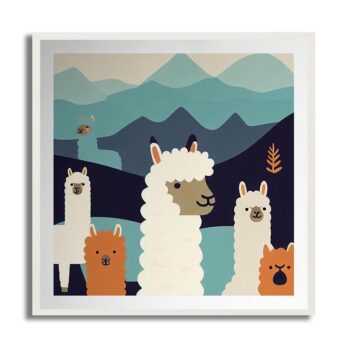 Product mockup for Woodblock Style Print of 5 Alpacas in the Mountains