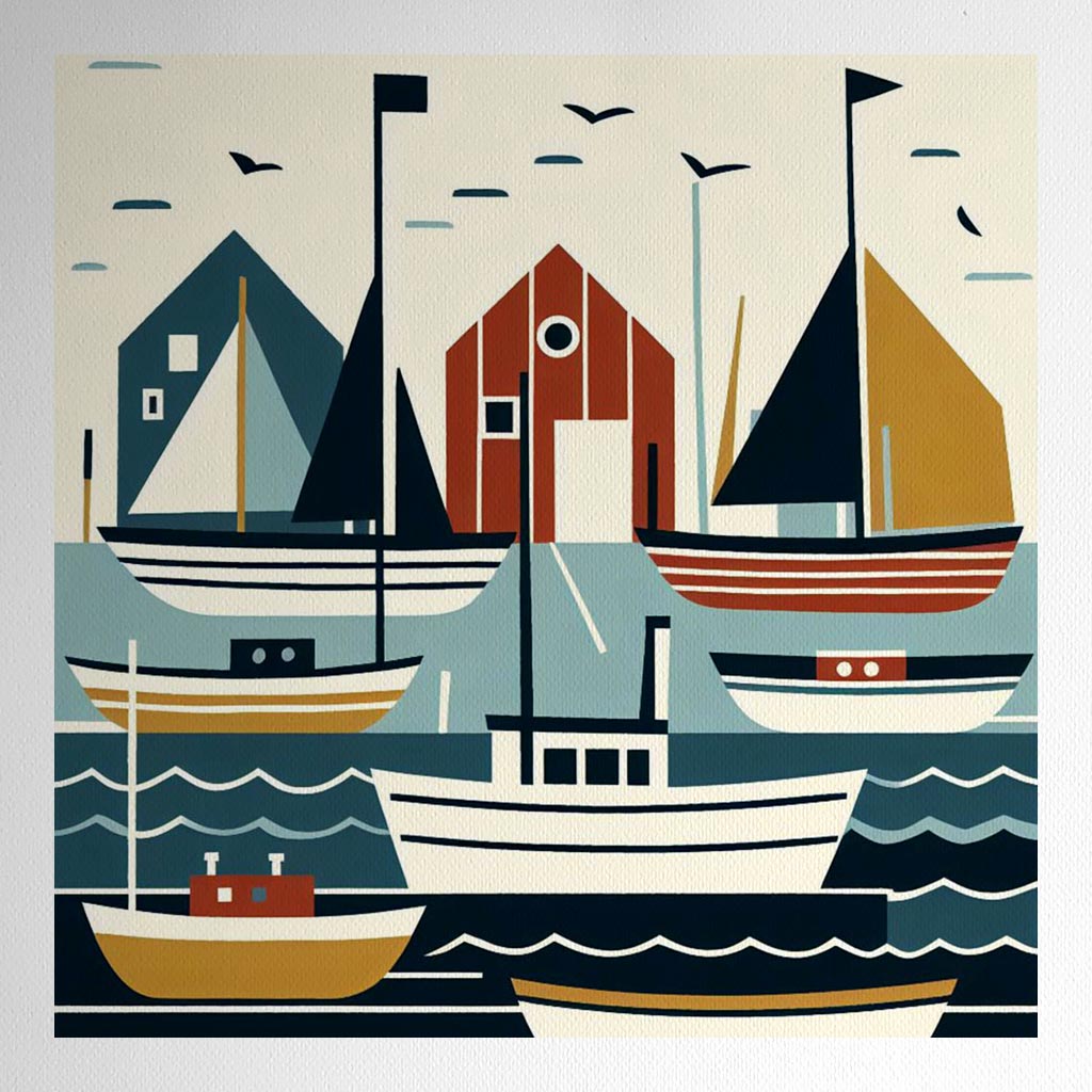 Product mockup for Woodblock Style Print of Sail Boats in a Harbour
