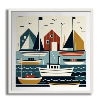 Product mockup for Woodblock Style Print of Sail Boats in a Harbour