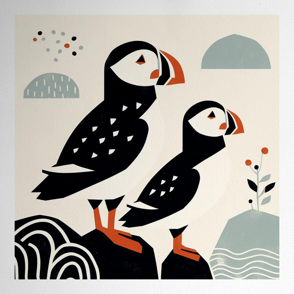 Product mockup for Woodblock Style Print of Two Puffins on a Rock