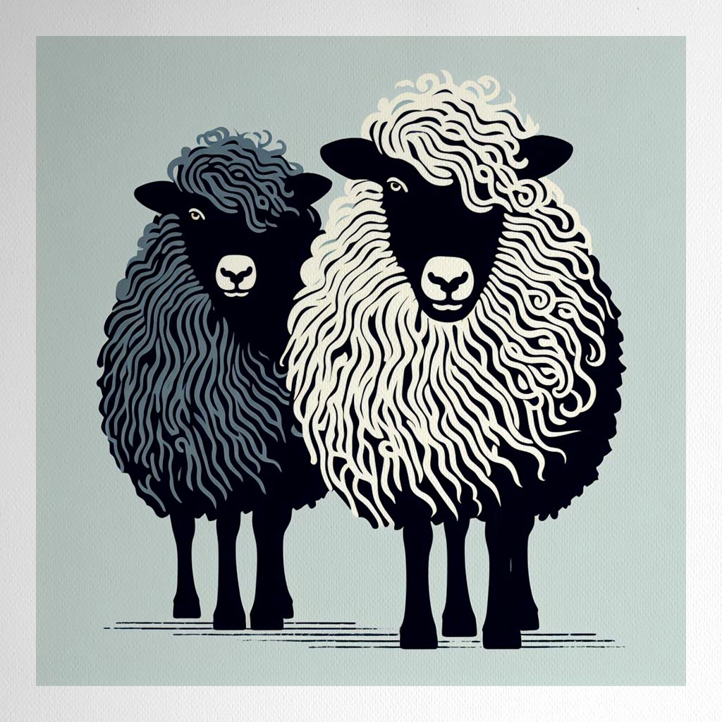 Product mockup for Woodblock Style Print of Two Woolly Sheep