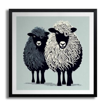 Product mockup for Woodblock Style Print of Two Woolly Sheep