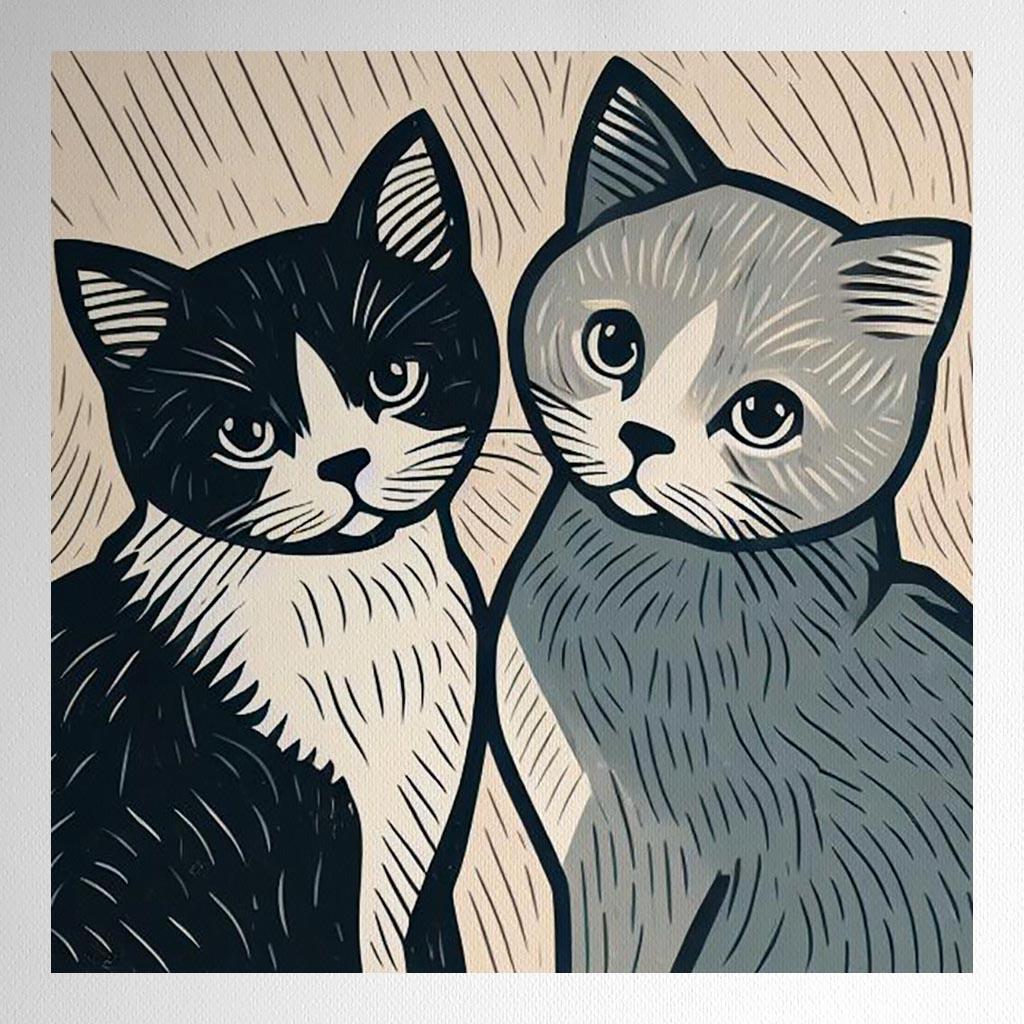 Product mockup for Woodblock Style Print with Scandinavian Colours (2 Cats)