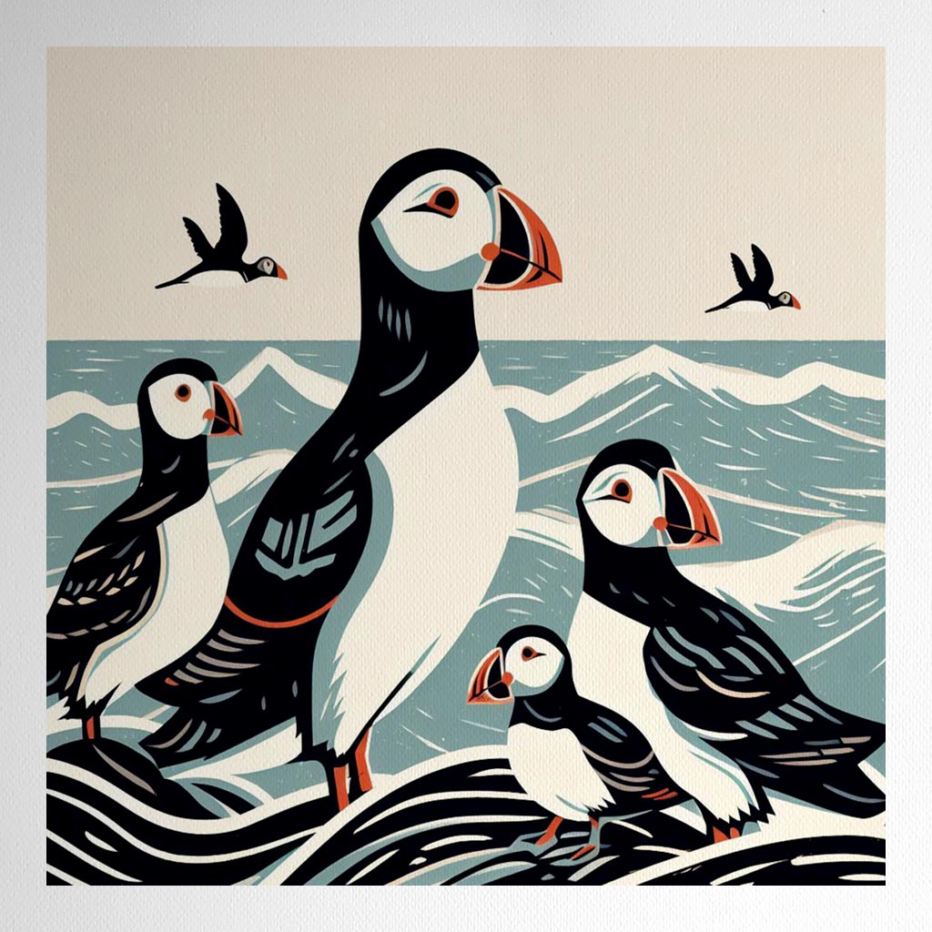 Product mockup for Woodblock Style Puffin Print