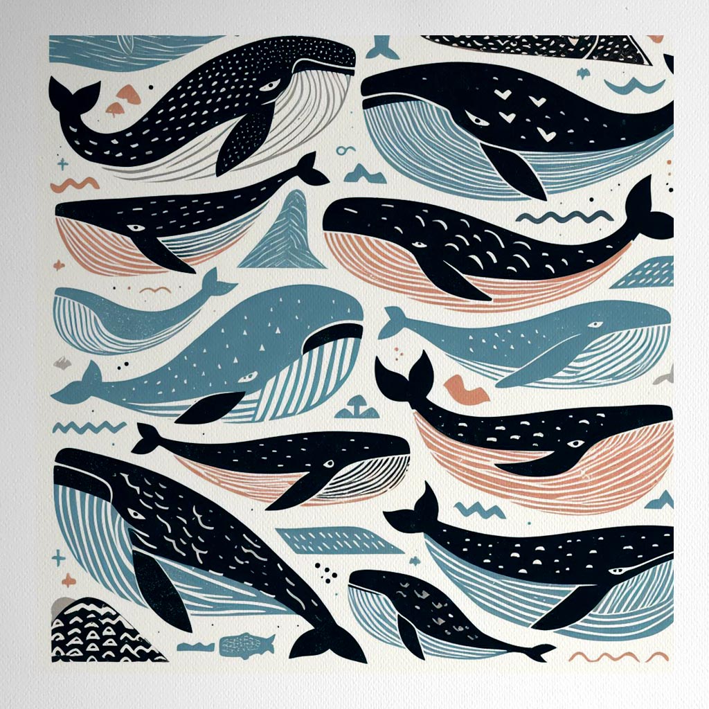 Product mockup for Woodblock Whale Nursery Wall Art - Scandi Colours